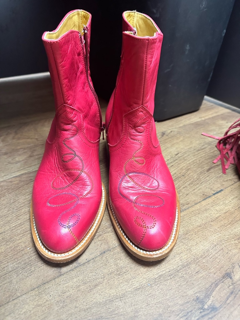 Charlotte Stone Red Leather Western-Style Ankle Boots